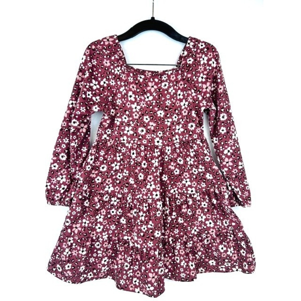 Btween Tiered Dress Burgundy Floral Leopard Long Sleeve Kids Size 6